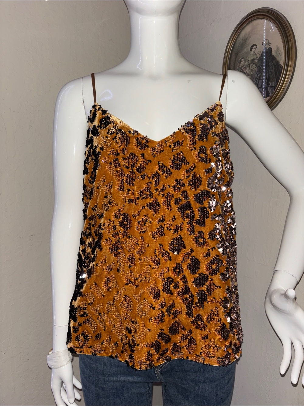 Leopard Sequin Velvet Cami in Mustard